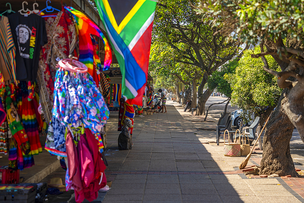 View of souvenir stall under tree on promenade, Durban, KwaZulu-Natal Province, South Africa, Africa