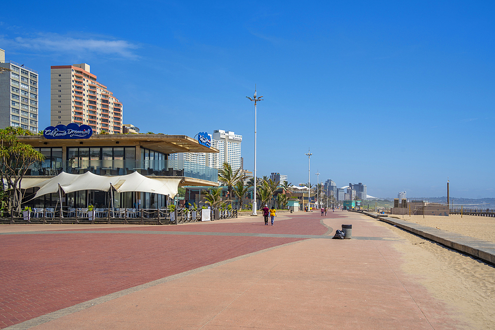 View of cafe and hotels on promenade, Durban, KwaZulu-Natal Province, South Africa, Africa