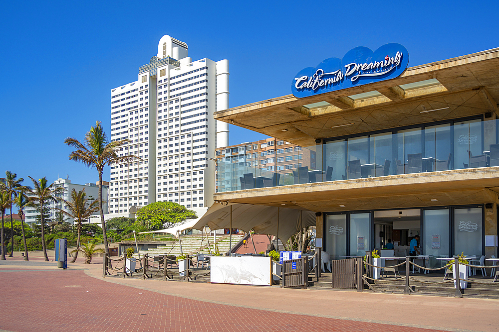 View of cafe and hotels on promenade, Durban, KwaZulu-Natal Province, South Africa, Africa