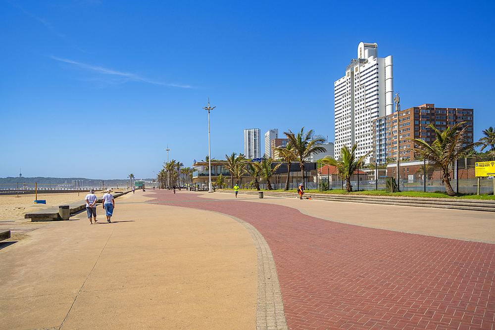 View of cafe and hotels on promenade, Durban, KwaZulu-Natal Province, South Africa, Africa