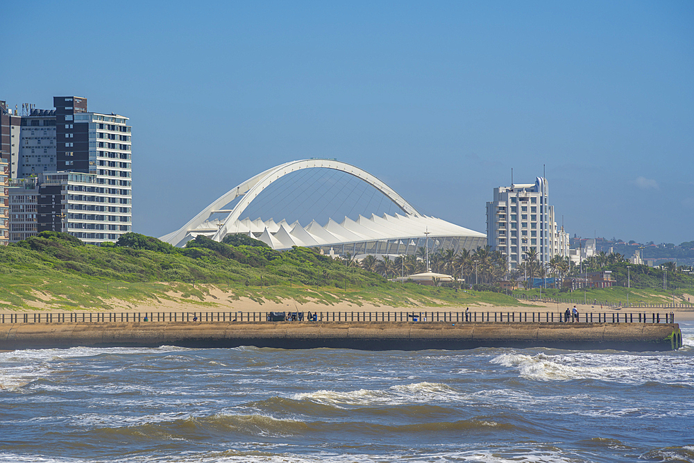 View of Moses Mabhida Stadium from pier in Indian Ocean, Durban, KwaZulu-Natal Province, South Africa, Africa