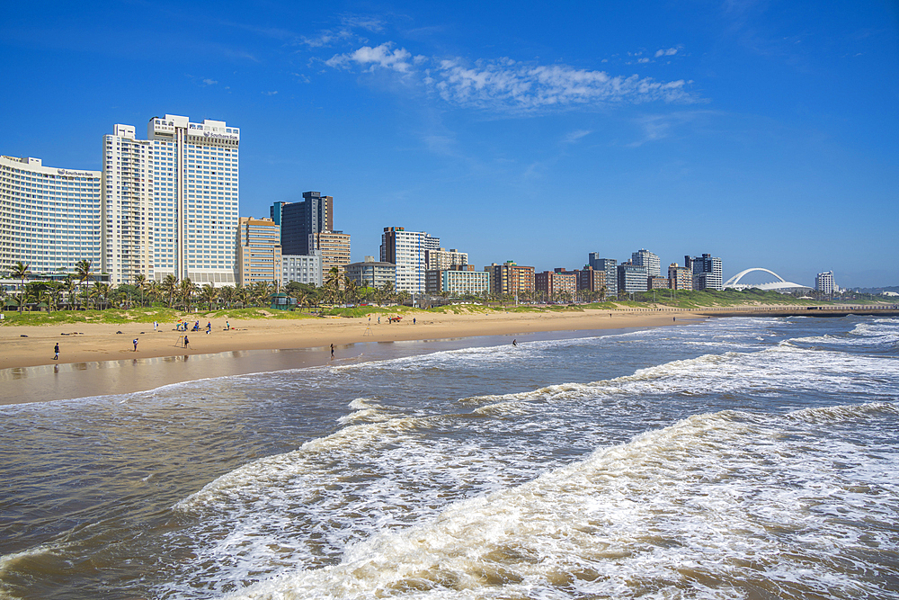 View of promenade, beach and hotels from pier in Indian Ocean, Durban, KwaZulu-Natal Province, South Africa, Africa