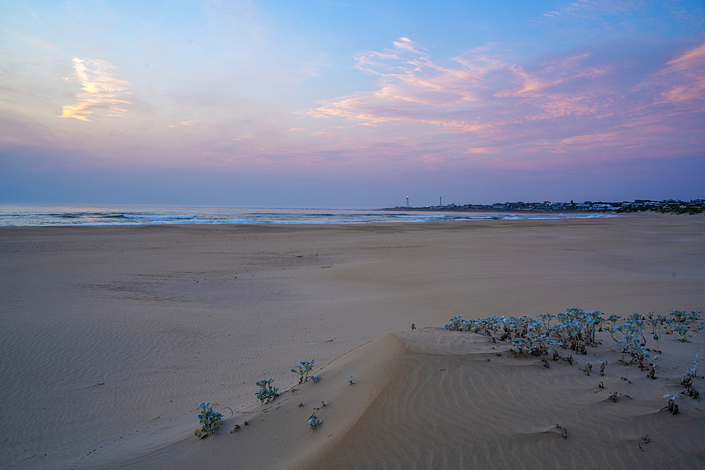 View of beach and Seal Point Lighthouse at sunrise, Cape St. Francis, Eastern Cape Province, South Africa, Africa