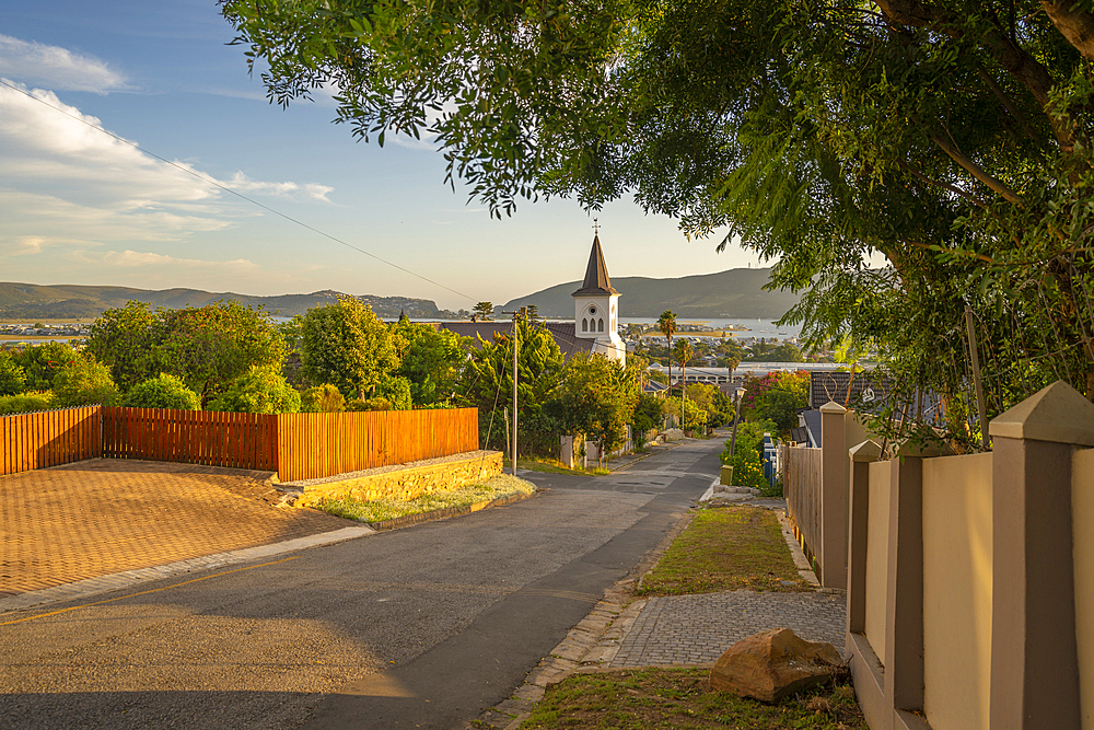 View of suburb street and Knysna Kerk Knysna at sunset, Knysna, Garden Route, Western Cape, South Africa, Africa