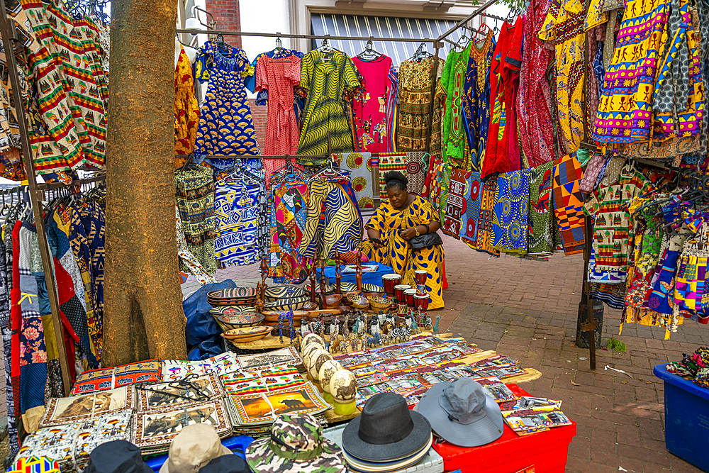 View of colourful souvenir stall on Greenmarket Square, Cape Town, Western Cape, South Africa, Africa