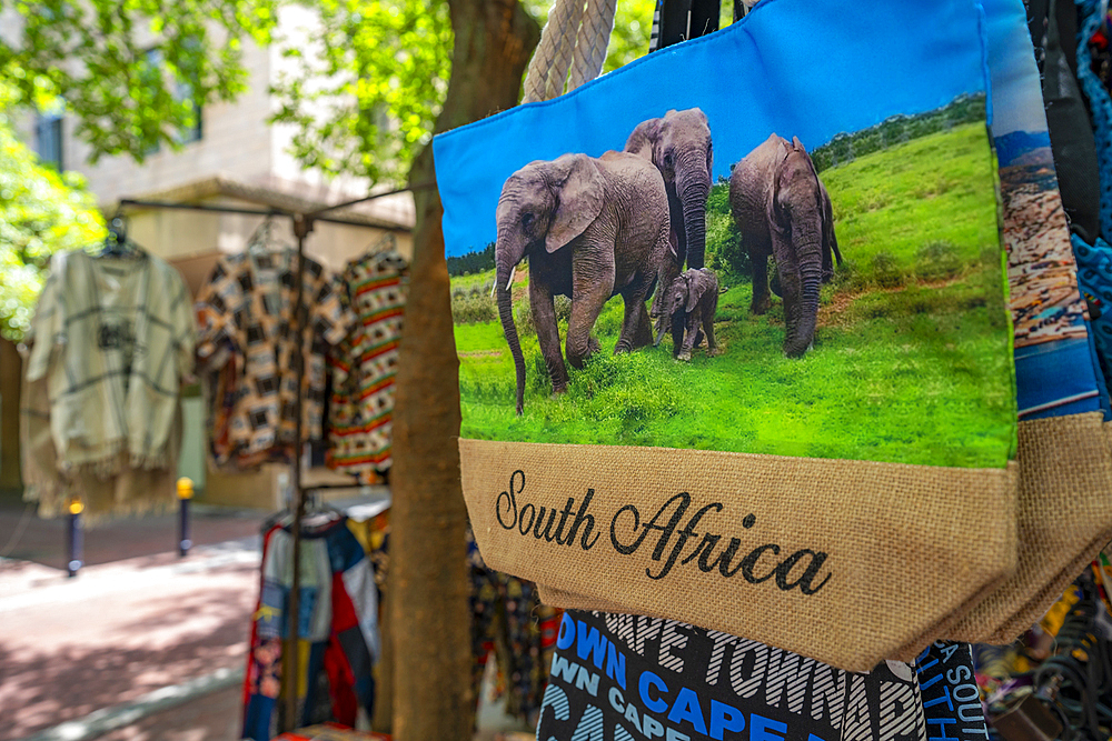 View of colourful carrier bag on stall on Greenmarket Square, Cape Town, Western Cape, South Africa, Africa