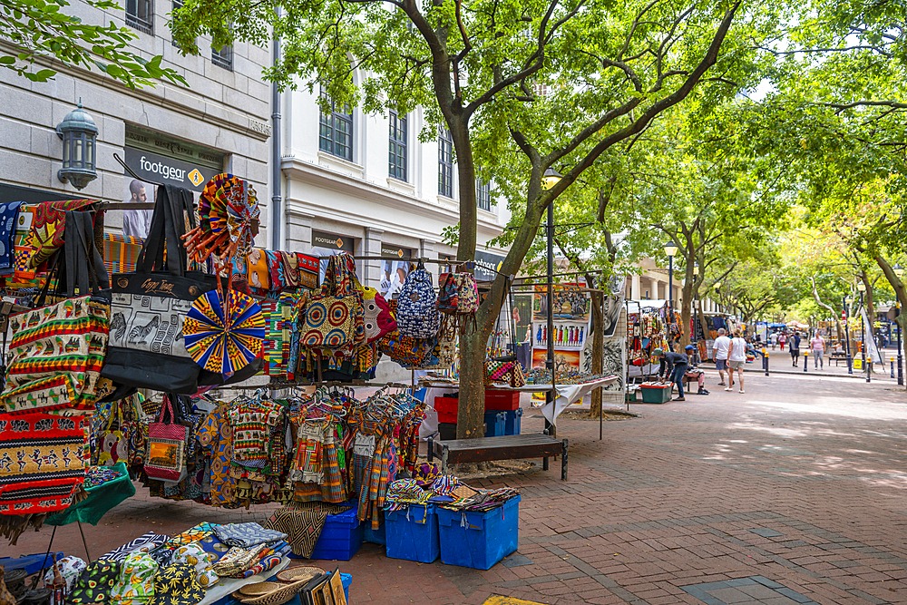 View of colourful souvenir stall on Greenmarket Square, Cape Town, Western Cape, South Africa, Africa