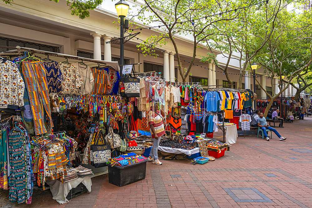 View of colourful souvenir stall on Greenmarket Square, Cape Town, Western Cape, South Africa, Africa