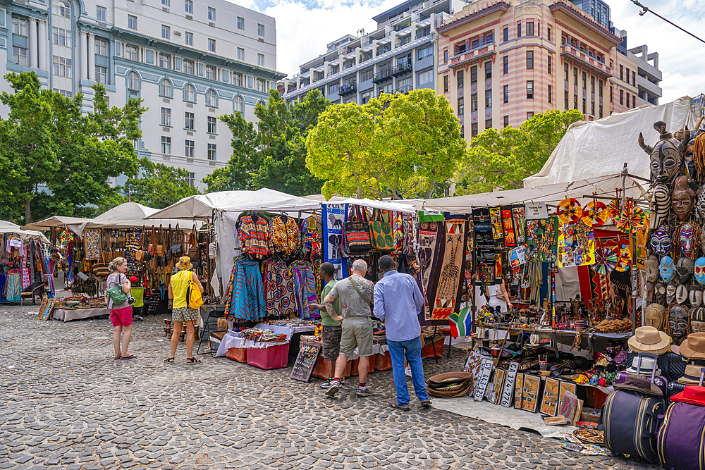 View of colourful souvenir stall on Greenmarket Square, Cape Town, Western Cape, South Africa, Africa