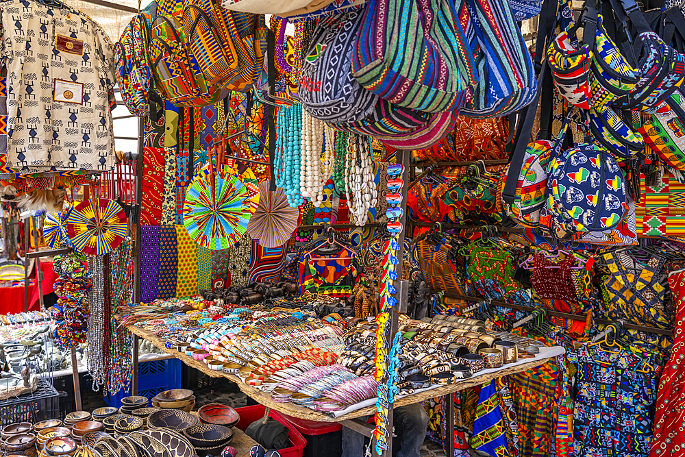 View of colourful souvenir stall on Greenmarket Square, Cape Town, Western Cape, South Africa, Africa