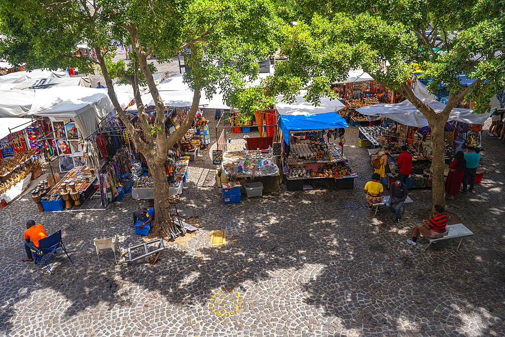 Elevated view of colourful souvenir stalls on Greenmarket Square, Cape Town, Western Cape, South Africa, Africa