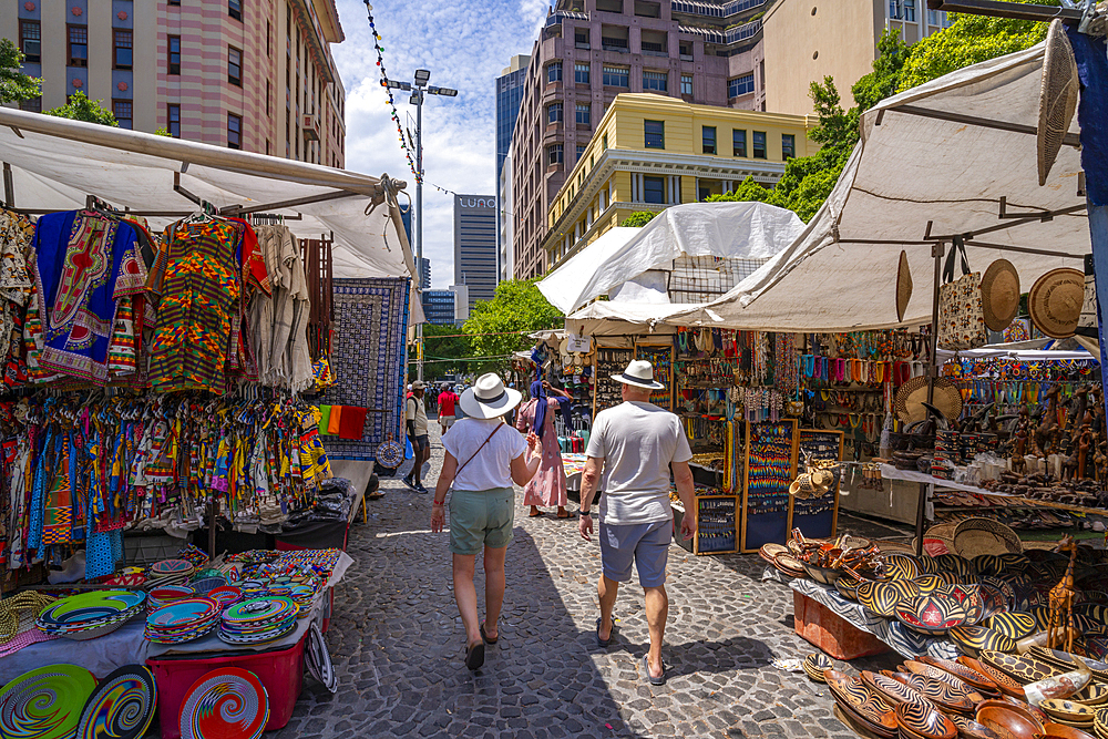 View of colourful souvenir stalls on Greenmarket Square, Cape Town, Western Cape, South Africa, Africa