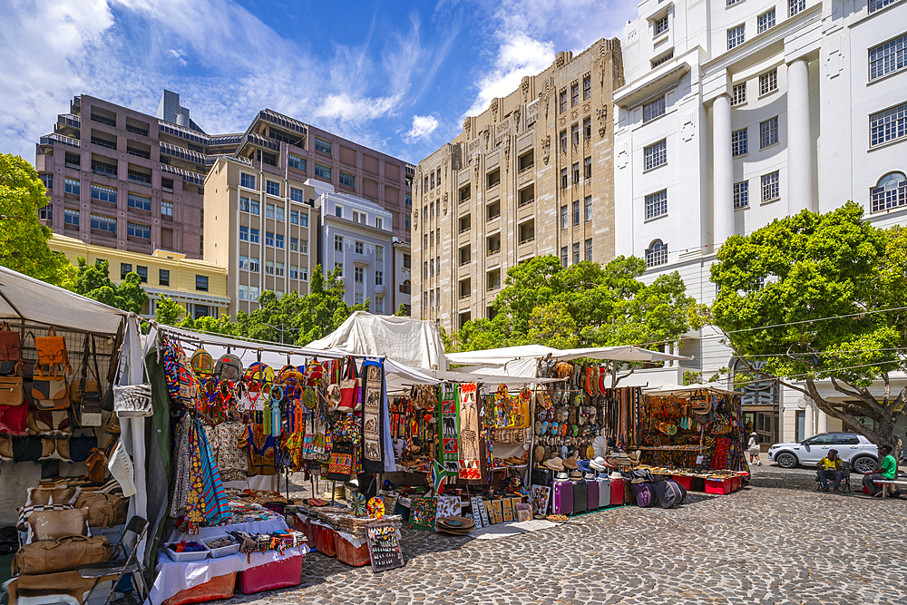 View of colourful souvenir stalls on Greenmarket Square, Cape Town, Western Cape, South Africa, Africa