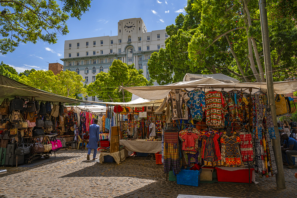 View of colourful souvenir stalls on Greenmarket Square, Cape Town, Western Cape, South Africa, Africa