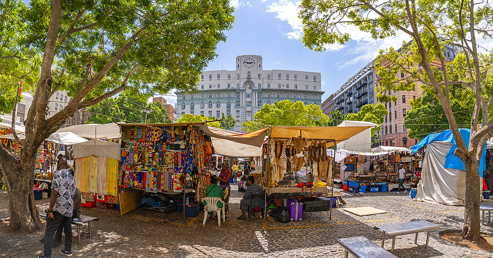 View of colourful souvenir stalls on Greenmarket Square, Cape Town, Western Cape, South Africa, Africa