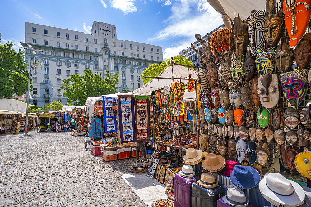 View of colourful souvenir stalls on Greenmarket Square, Cape Town, Western Cape, South Africa, Africa