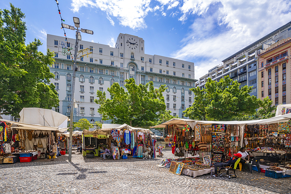 View of colourful souvenir stalls on Greenmarket Square, Cape Town, Western Cape, South Africa, Africa