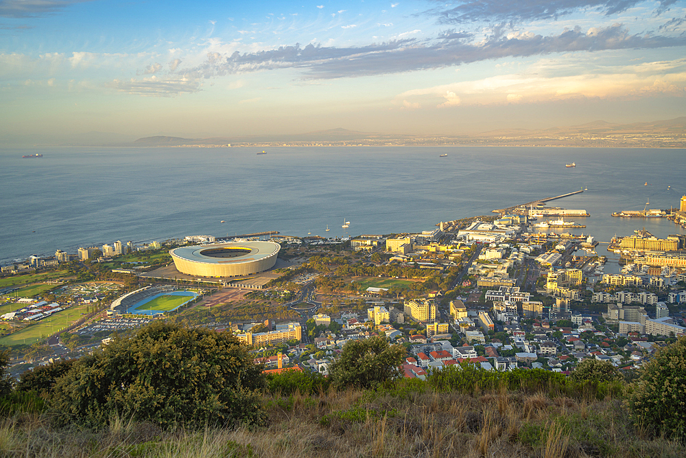 View of DHL Stadium and Waterfront of Cape Town from Signal Hill at sunset, Cape Town, Western Cape, South Africa, Africa