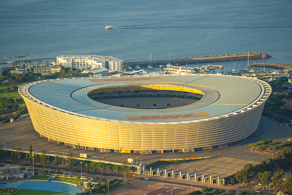 View of DHL Stadium in Cape Town from Signal Hill at sunset, Cape Town, Western Cape, South Africa, Africa