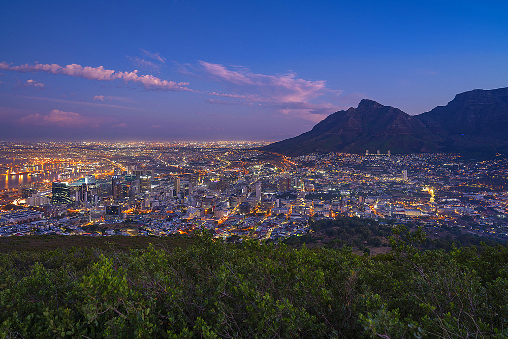 View of Cape Town and Table Mountain from Signal Hill at dusk, Cape Town, Western Cape, South Africa, Africa