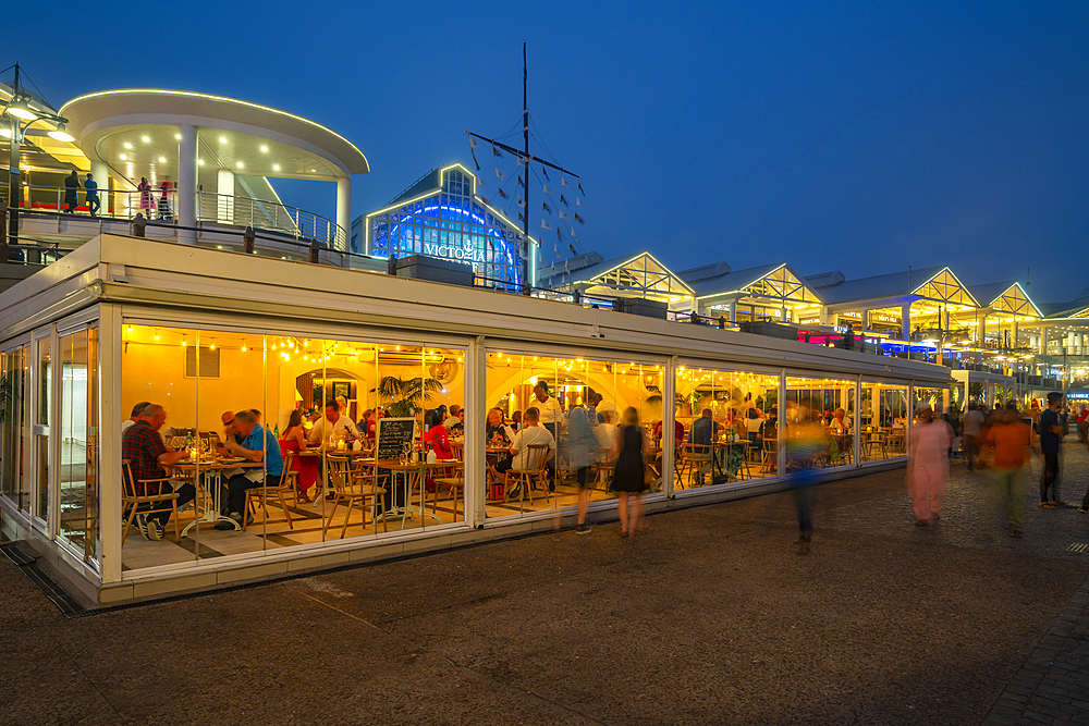 View of restaurants in the Waterfront at dusk, Cape Town, Western Cape, South Africa, Africa