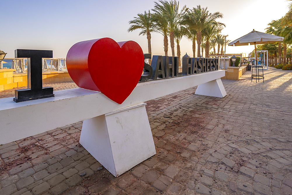 View of sign on beach in Sahl Hasheesh Old Town, Sahl Hasheesh, Hurghada, Red Sea Governorate, Egypt, North Africa, Africa