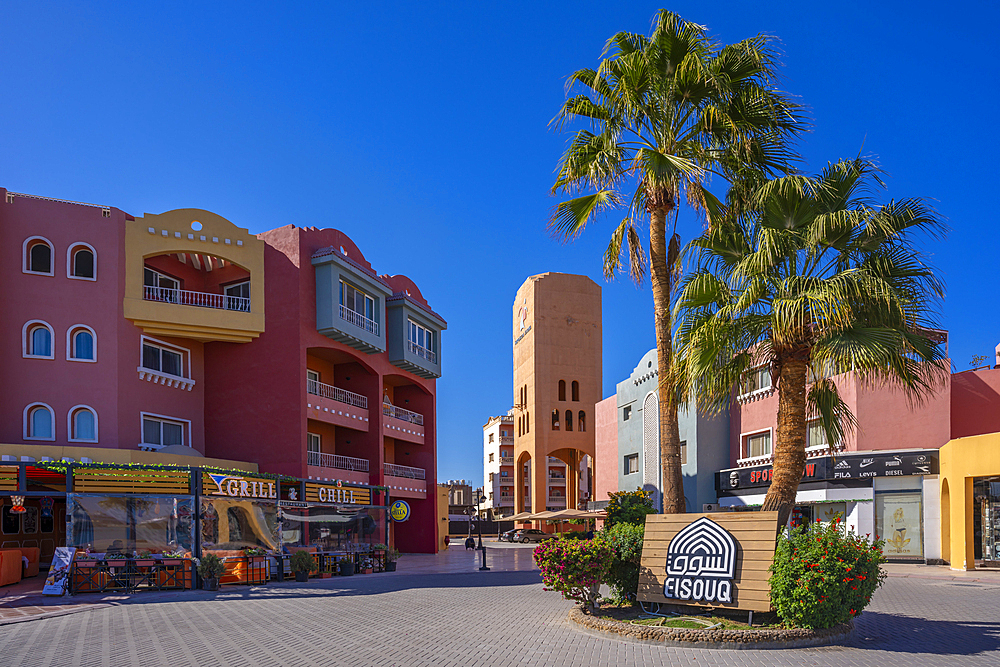 View of colourful shops and bars in Hurghada Marina, Hurghada, Red Sea Governorate, Egypt, North Africa, Africa