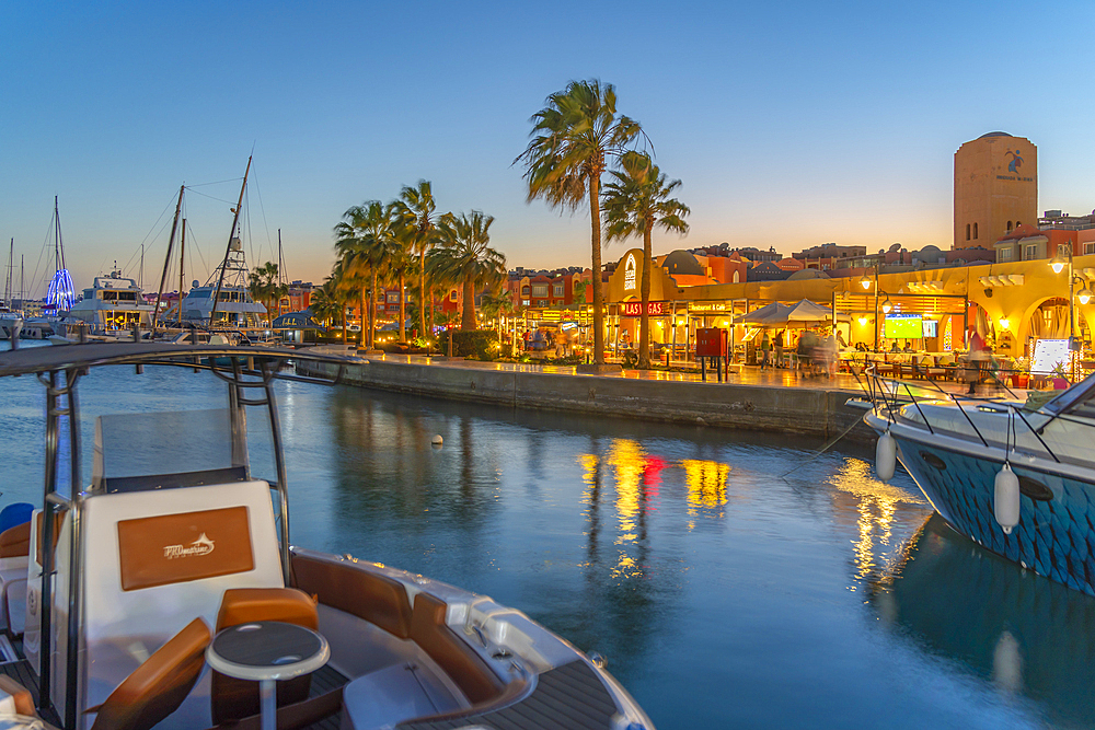 View of cafe and restaurant in Hurghada Marina at dusk, Hurghada, Red Sea Governorate, Egypt, North Africa, Africa