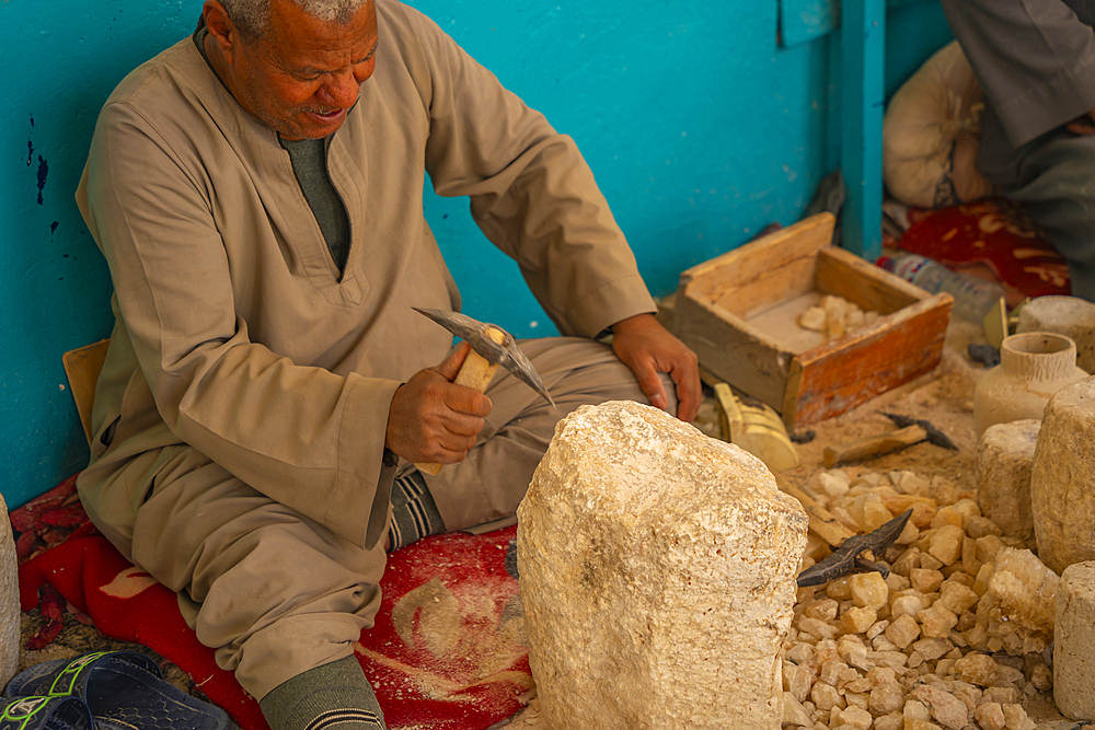 View of stone carving at Morsy Alabaster Factories near Luxor, Luxor, Thebes, Egypt, North Africa, Africa