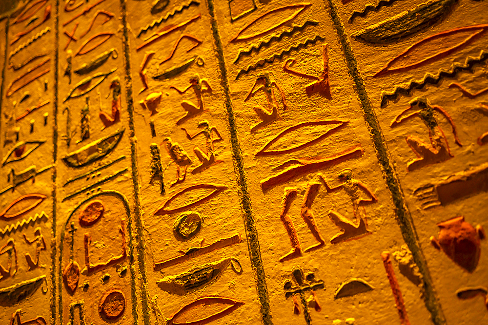 View of hieroglyphs in KV8, the Tomb of Merenptah, Valley of the Kings, UNESCO World Heritage Site, Thebes, Egypt, North Africa, Africa