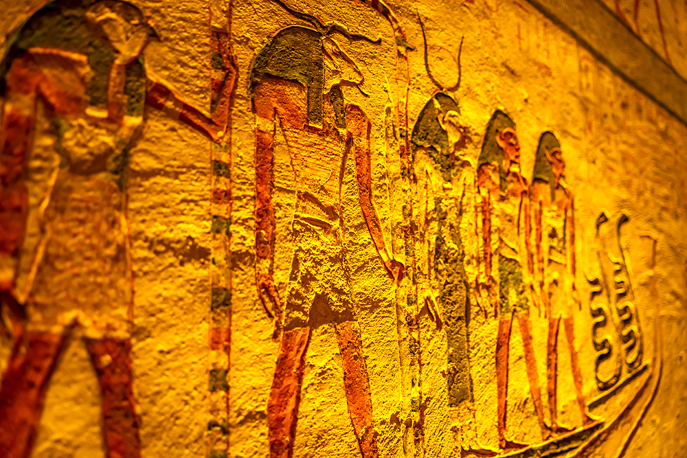 View of painted walls in KV8, the Tomb of Merenptah, Valley of the Kings, UNESCO World Heritage Site, Thebes, Egypt, North Africa, Africa