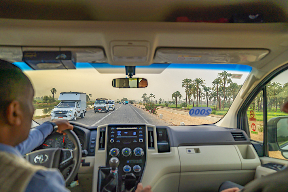 View of road from transit vehicle near Luxor, Thebes, Egypt, North Africa, Africa