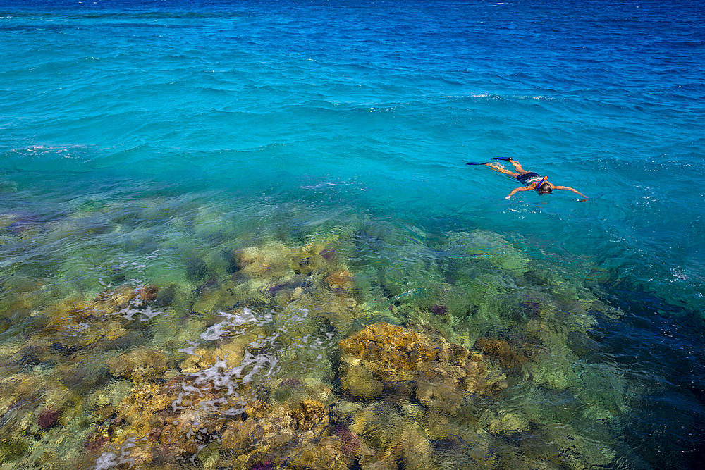 View of woman snorkeling in the Red Sea near Sahl Hasheesh, Sahl Hasheesh, Hurghada, Red Sea Governorate, Egypt, North Africa, Africa