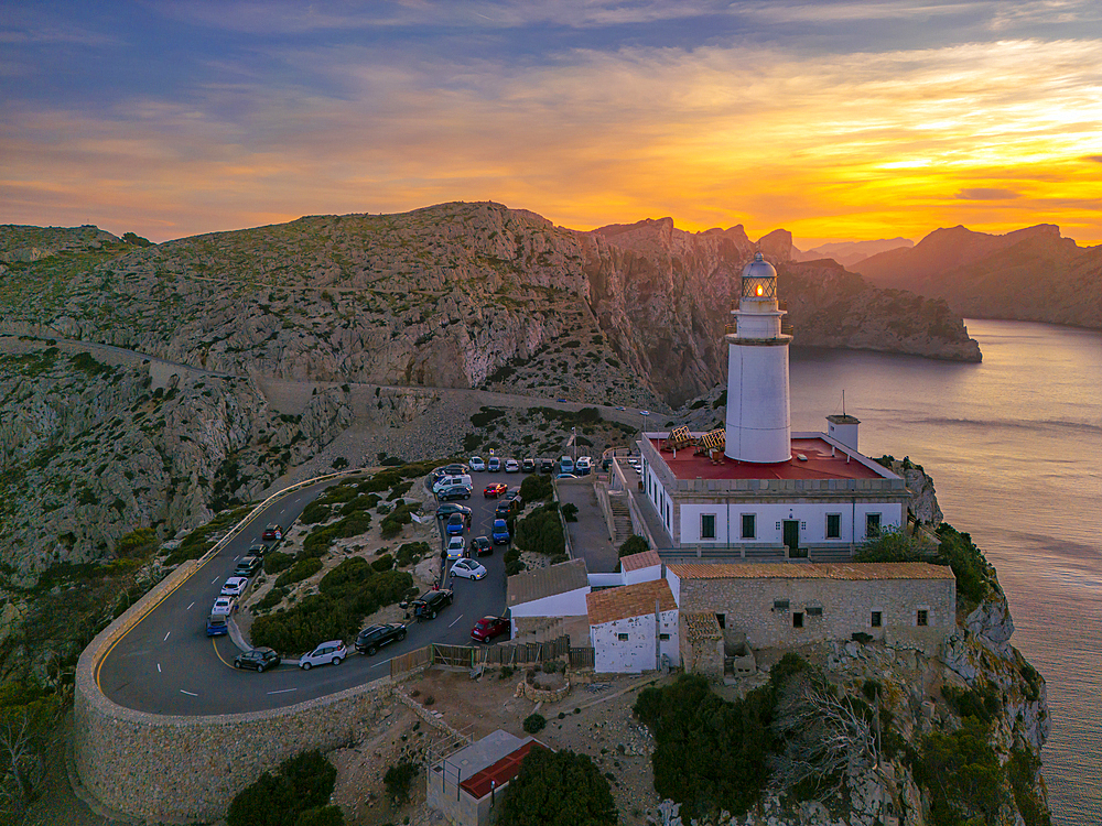 Aerial view of lighthouse at Cap Formentor at sunset, Majorca, Balearic Islands, Spain, Mediterranean, Europe