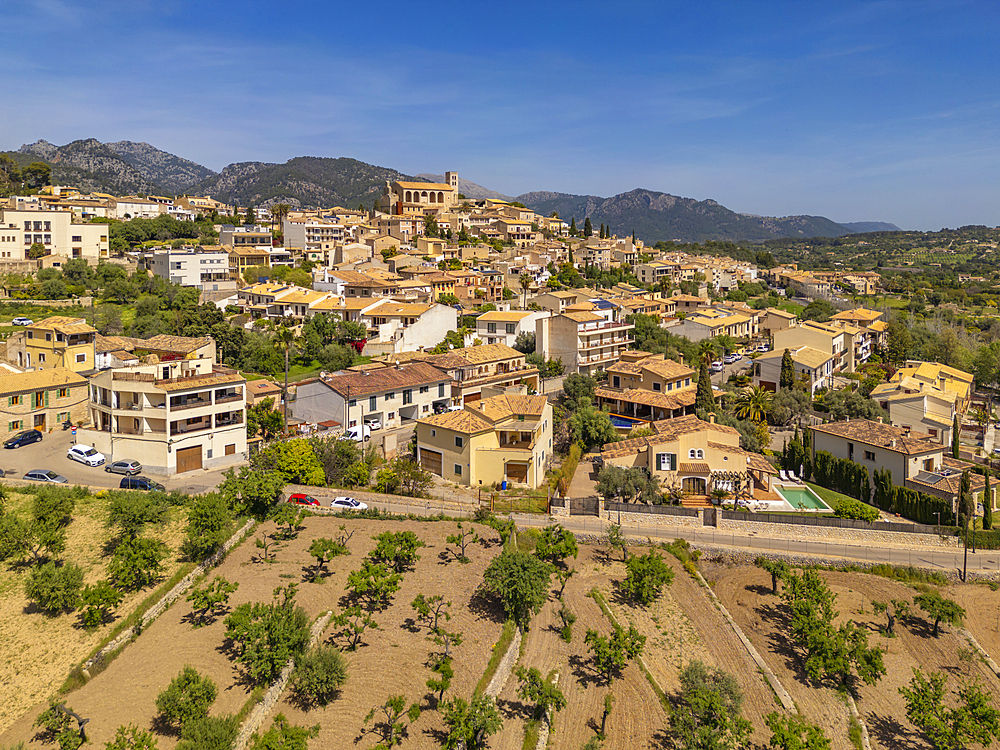 Aerial view of hilltop Sant Llorenc de Selva church, Selva, Majorca, Balearic Islands, Spain, Mediterranean, Europe