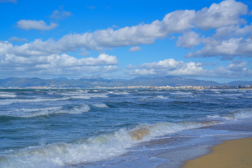 View of Playa de Palma and Palma and hills in background from S'Arenal, S'Arenal, Palma, Majorca, Balearic Islands, Spain, Mediterranean, Europe