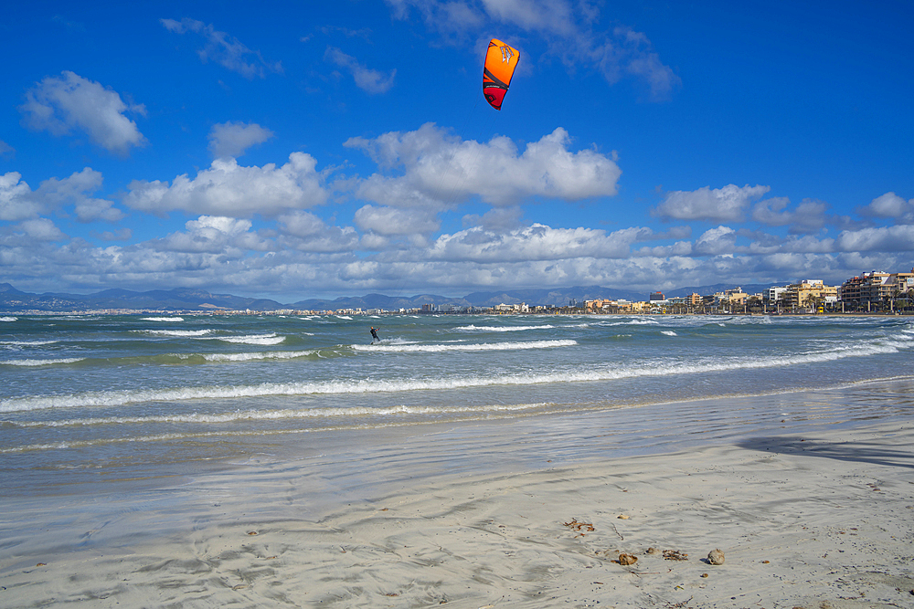 View of windsailing at Playa de Palma and Palma and hills in background from S'Arenal, S'Arenal, Palma, Majorca, Balearic Islands, Spain, Mediterranean, Europe