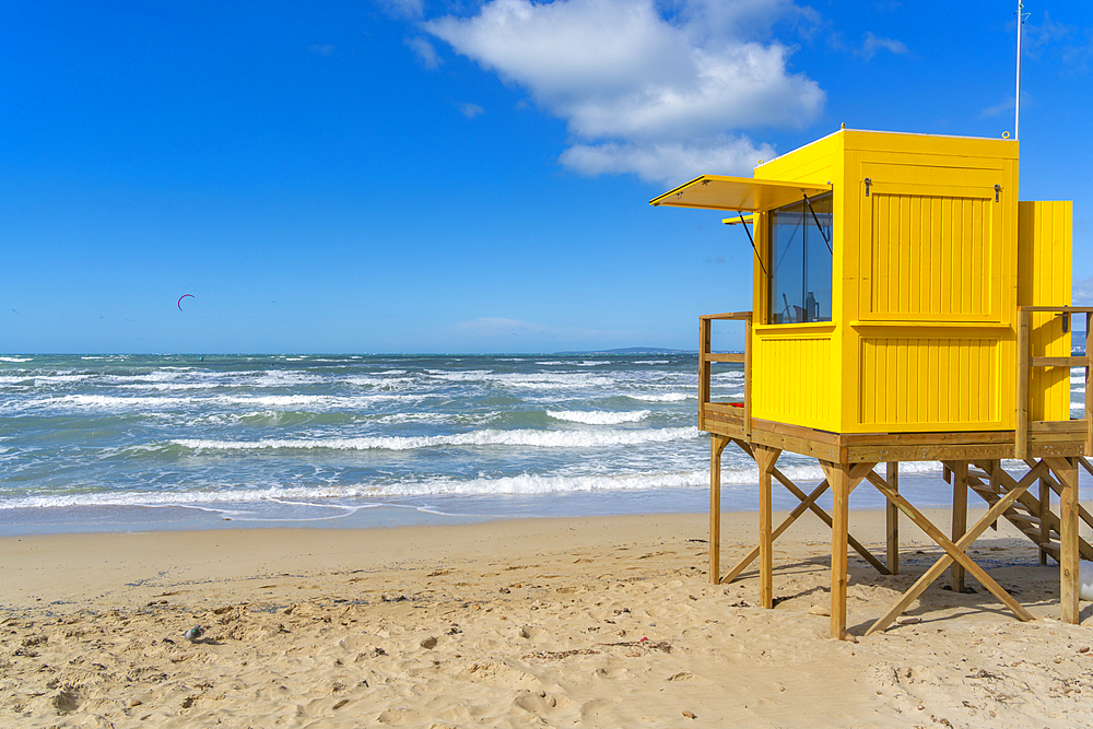 View of lifeguard watchtower at Playa de Palma, S'Arenal, Palma, Majorca, Balearic Islands, Spain, Mediterranean, Europe