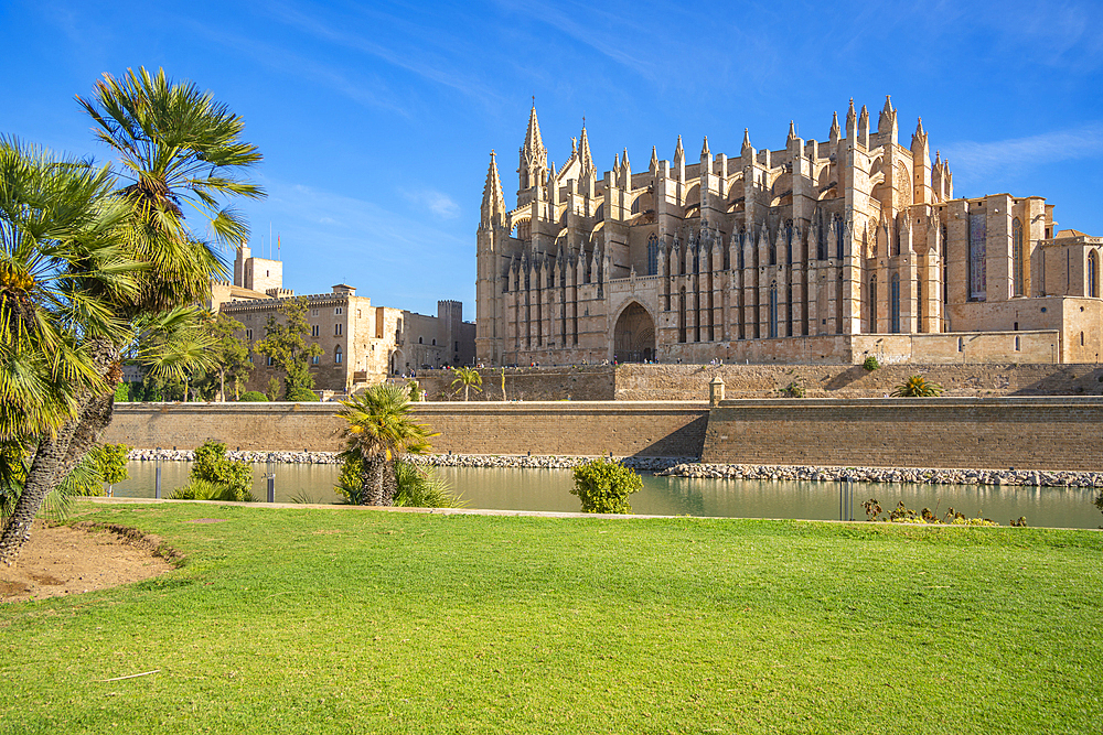 View of Cathedral-Basílica de Santa Maria de Mallorca from Passeig Marítime, Palma de Mallorca, Majorca, Balearic Islands, Spain, Mediterranean, Europe