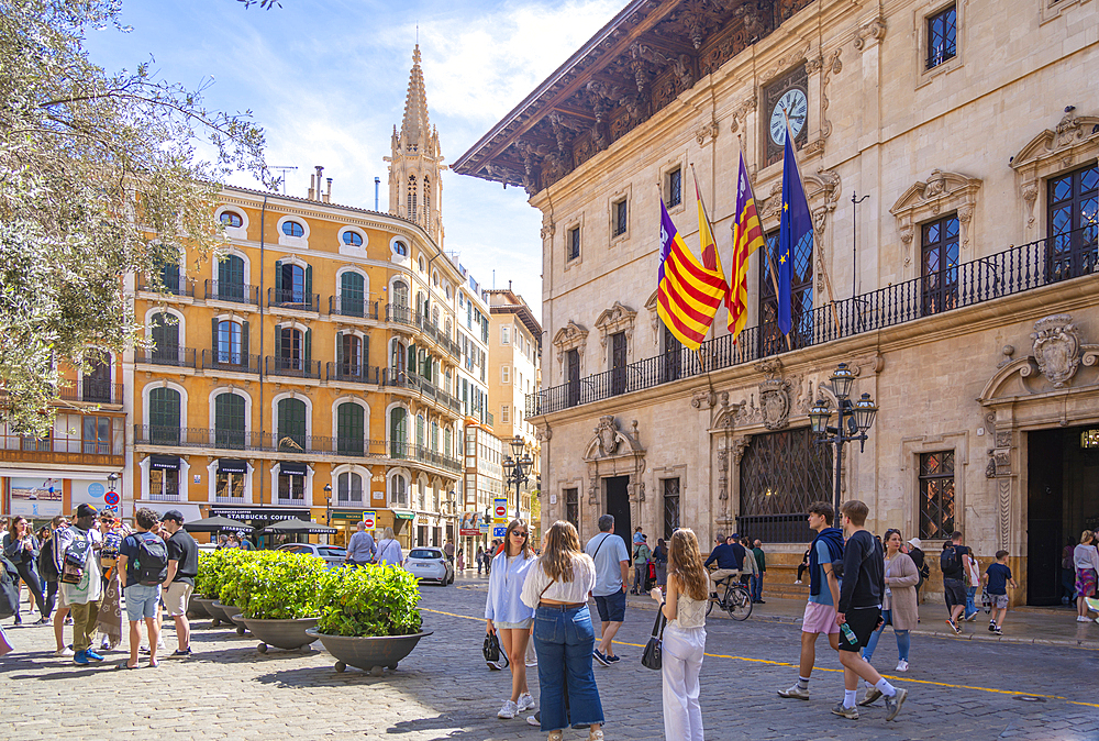 View of Town Hall in Placa de Cort, Palma de Mallorca, Majorca, Balearic Islands, Spain, Mediterranean, Europe