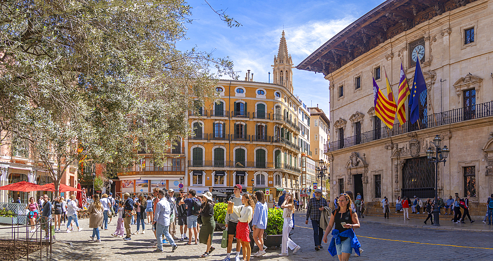 View of Town Hall in Placa de Cort, Palma de Mallorca, Majorca, Balearic Islands, Spain, Mediterranean, Europe