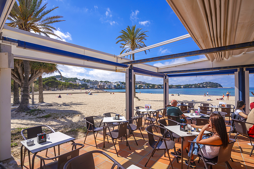 View of beach cafe and hotels in Santa Ponsa, Majorca, Balearic Islands, Spain, Mediterranean, Europe