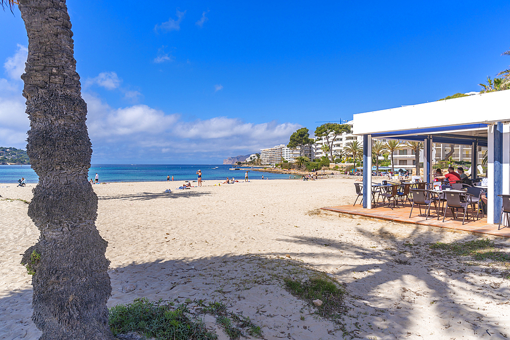 View of beach cafe and hotels in Santa Ponsa, Majorca, Balearic Islands, Spain, Mediterranean, Europe