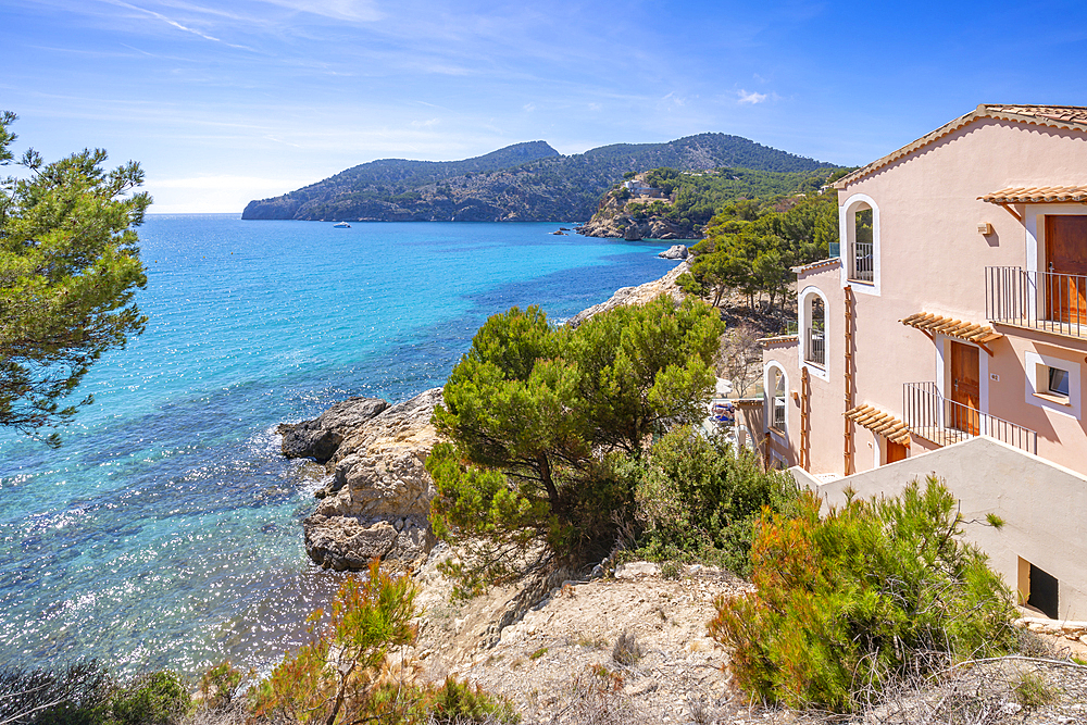 View of rocky shoreline and turquoise sea at Camp de Mar, Camp de Mar, Majorca, Balearic Islands, Spain, Mediterranean, Europe