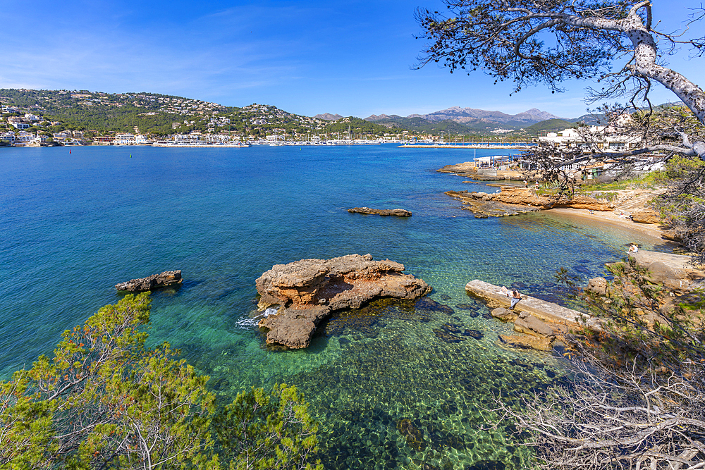 View of rocky shoreline and the sea at Port d'Andratx, Majorca, Balearic Islands, Spain, Mediterranean, Europe