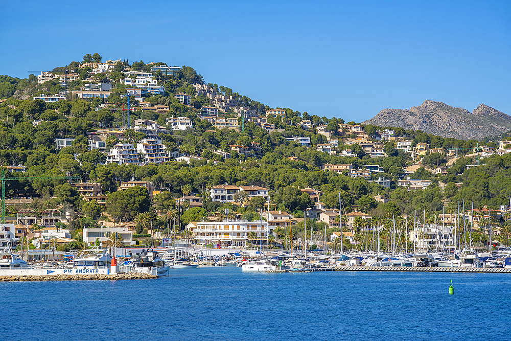 View of villas, houses and apartments overlooking marina at Port d'Andratx, Majorca, Balearic Islands, Spain, Mediterranean, Europe