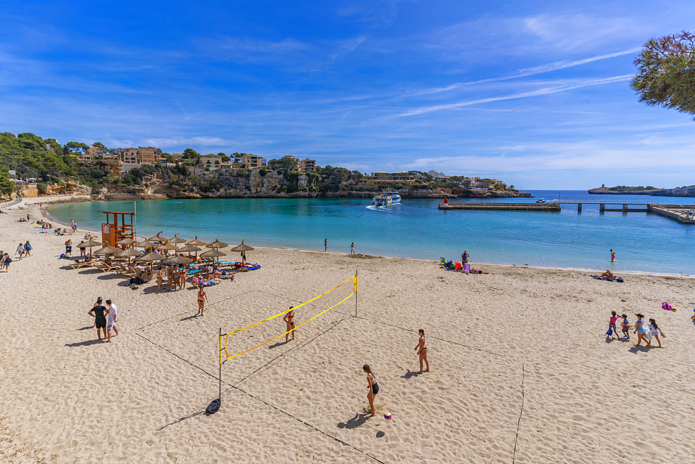 View of Platja de Portocristo beach, Porto Cristo, Majorca, Balearic Islands, Spain, Mediterranean, Europe