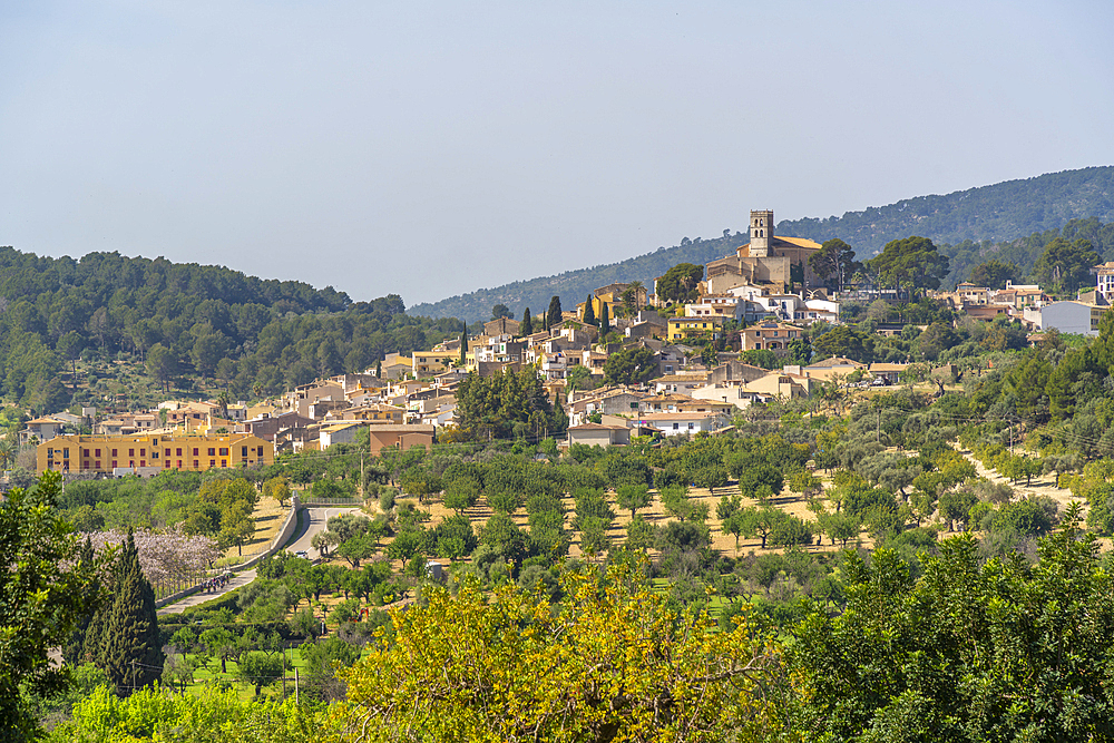 View of hilltop town of Selva, Majorca, Balearic Islands, Spain, Mediterranean, Europe