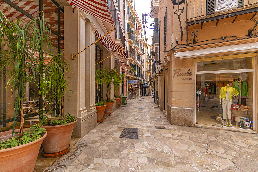 View of shops and architecture in Palma, Palma de Mallorca, Majorca, Balearic Islands, Spain, Mediterranean, Europe