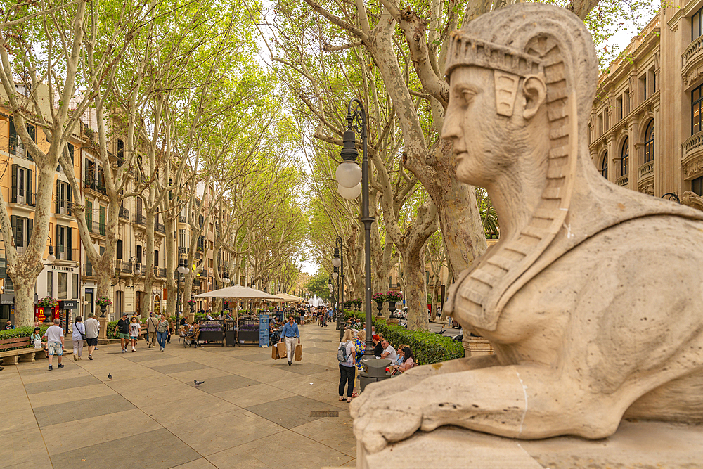 View of Paseo del Borne Sphinx on Paseo del Borne, Palma de Mallorca, Majorca, Balearic Islands, Spain, Mediterranean, Europe